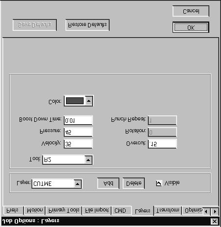 tool operating parameters that will be used when drawing entities on that layer are cut. These tool settings override the values of the corresponding tool settings in the Machine Options dialog box.