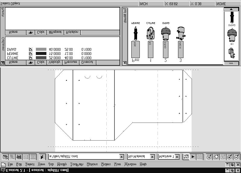 dialog boxes, the current coordinates of the cursor in the drawing area, and the security level of the current user, if any. Easicut 2.1 operates in one of three modes: layout, simulate and cutting.