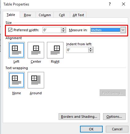 WORD 2016 FOUNDATION Page 114 The Table Properties dialog box is displayed.
