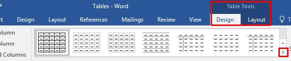 WORD 2016 FOUNDATION Page 115 Move the mouse pointers over the Table Styles thumbnails, and you will