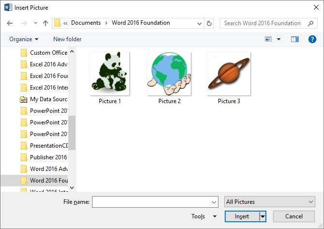 WORD 2016 FOUNDATION Page 117 Select one of the pictures and then either double
