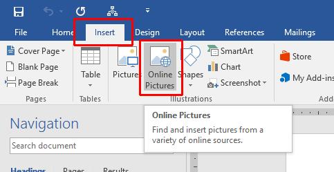 WORD 2016 FOUNDATION Page 118 Inserting Online Pictures Create a new document, by pressing Ctrl+N. Click on the Insert tab and then click on the Online Pictures button.