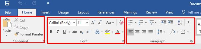 WORD 2016 FOUNDATION Page 12 Tabs Groups: Within each tab you will see groups.