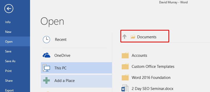WORD 2016 FOUNDATION Page 23 Then click on the My Documents folder.