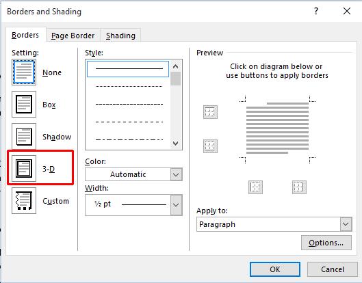 From the Setting section of the dialog select the 3-D.