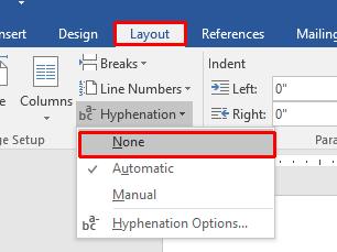 the Page Setup group, click on the Hyphenation button.