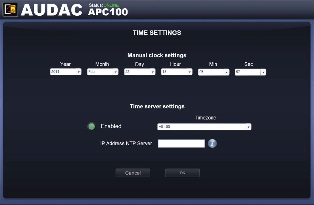 Time Settings In this window the time settings for the APC100 can be changed. Time settings screen for APC100 The current time and date for the APC100 can be set in this window.