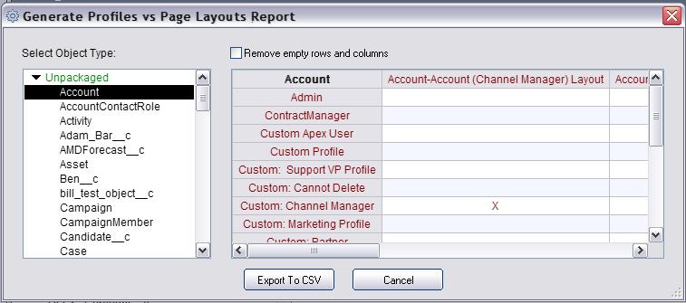 Profiles vs. Page Layouts Matrix Report The Profiles vs. Page Layout Matrix Report allows users to view which profiles have visibility to which page layout. The Profiles vs. Page Layout Matrix Report is located in the Asset SnapShot.