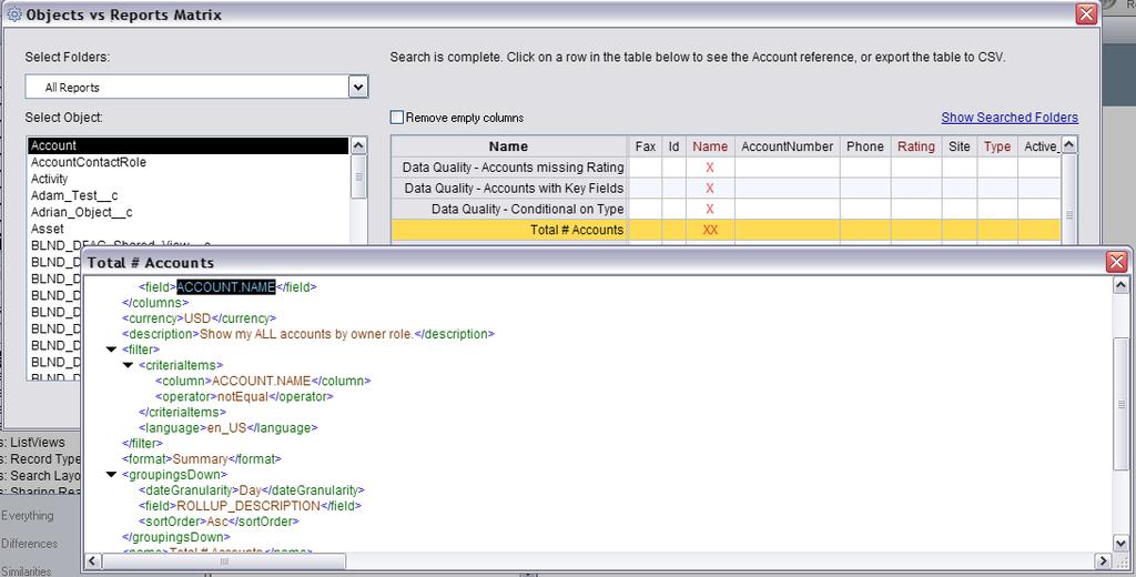 4. By clicking on a red X, a dialog box will appear displaying the raw XML of that report with the desired field
