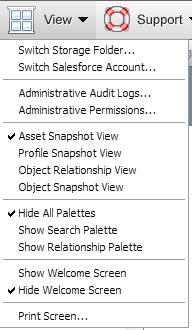 Hide All Palettes This option allows users to hide any open palettes Show Search Palette This option opens the Search Palette Show Relationship Palette - This option opens the Relationship Palette