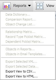 Reports The Reports menu provides users with the following options to choose from: Export View to CSV This option allows users to export the current view to a CSV file Export View to HTML This option