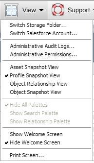 Switch Salesforce Account This option allows users to log into other Salesforce Orgs Administrative Audit Logs This option opens a dialog that checks to see if the Snapshot Logger package has been