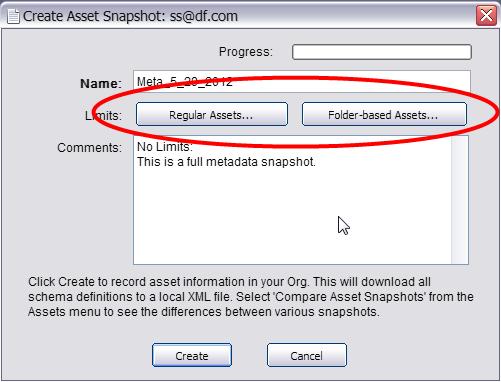 Creating an Asset Snapshot The first option under the Assets menu is Create Snapshot. Here users can easily capture a snapshot of all or a selected amount of the metadata in their Org.