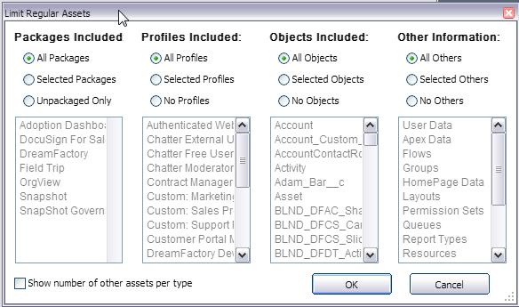 To limit the regular assets captured in the Asset Snapshot, simply click on the button titled Regular Assets. Once selected, the Limit Regular Assets dialog will appear.