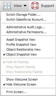 View The View menu provides access to the following options: Switch Storage Folder This option allows users to switch Asset storage folders Switch Salesforce Account This option allows users to log