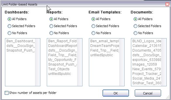 Here is where you can select from the following metadata options to include in the Snapshot: Dashboards - Select All, Individual or No Dashboard folders that you want to push