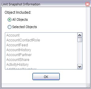 To limit the metadata captured in the Object Snapshot, simply click on the button titled Limit the information included in