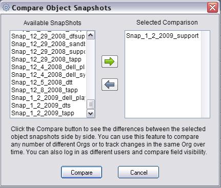Comparing Object Snapshots Comparing two Object Snapshots enables you to view any changes made to Objects in your Salesforce Org.