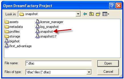 6. Double click on icon and the Open DreamFactory Project dialog box will appear.