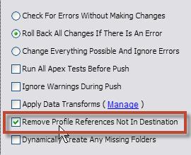 Selecting the Remove Profile References Not In Destination option when performing an Asset push will remove any profile references to assets that do not exist in the Destination Org or in the Job