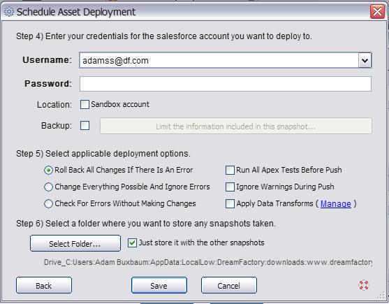 Step 5: After the user had logged into the Destination Org, they must select the desired push option. These push options are identical to the standard push options in the Asset push dialog.