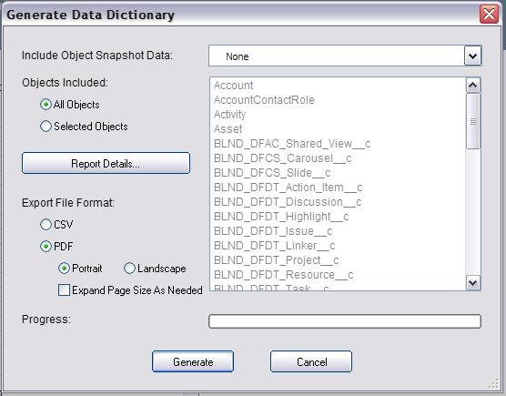 2. Once selected, the dialog box below will appear. You have the ability to add Standard Objects to the Data Dictionary.
