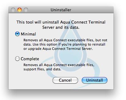 Uninstallation If you need to uninstall Aqua Connect Remote Desktop Services, you can use the ACUninstaller application.