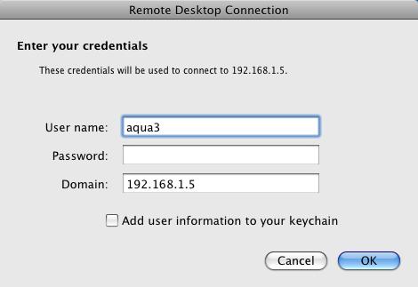 After clicking the Connect button, RDP will prompt for a User name and Password. You must enter values that are recognized by the Aqua Connect Remote Desktop Services.