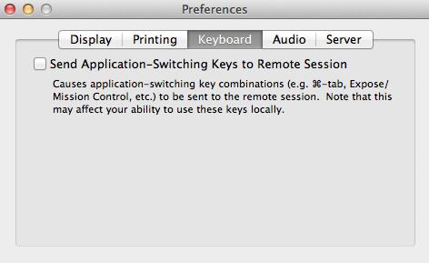 On the Keyboard tab, you can choose to send application-switching key combinations to your remote session. By default, the client will support Remote Audio Playback.