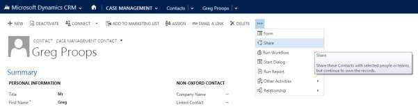 Once all the details have been entered, click the Save (or Save & Close) button to save the contact record. The contact record is now created and only visible to you and individuals in your team.