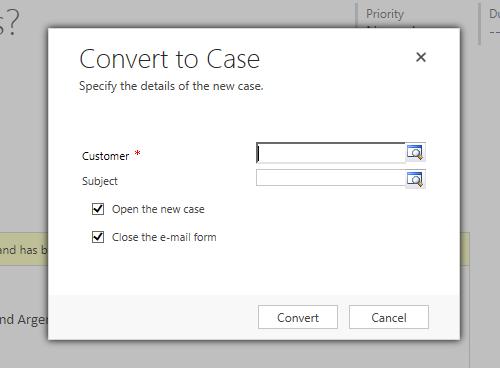 Select the customer (case concerning) and the subject (case category), then hit convert. A new window will open showing the new case. The case title will default to the email subject title.