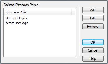 Select an extension point in the list and click on the appropriate button to edit or remove the extension point, or to add a new one. 2.1.43.