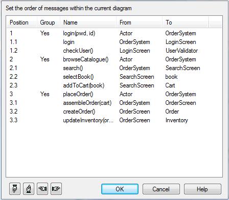 209 UML Connectors Message Message (Communication Diagram) 2. Click on the Message to move, and click on the 'hand' buttons at the bottom of the dialog to move the messages up or down the sequence.