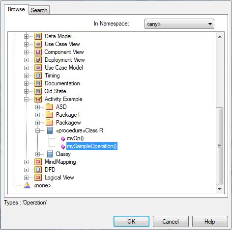 83 UML Elements Behavioral Diagram Elements Action 2. If required, in the In Namespace field, click on the drop-down arrow and select another model that contains the required operation or attribute.