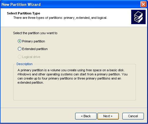 7. The New Partition Wizard appears. Click Next to continue.
