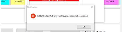 Follow the above process at least two times. If there is still an error message, follow these steps: 1) Unplug the Clover device from the PC. 2) Shut down the PC. 3) Shut down the Clover device.
