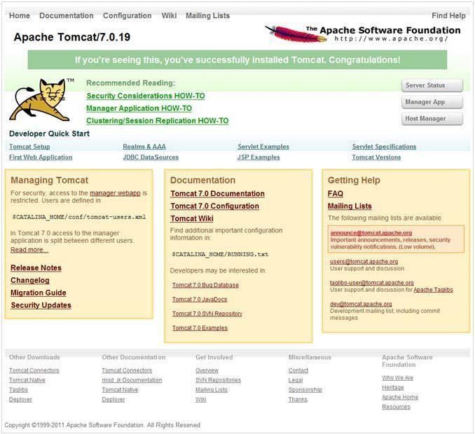 Configuring Web Application Servers Figure 5 47 Tomcat home 2. Click Manager App. The Connect to dialog is displayed. 3. Enter the User Id and Password that has admin rights and click OK.