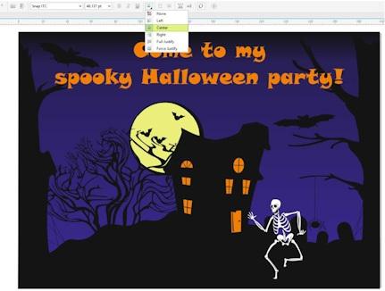 All we need to do now is to add some spooky text to our card. Select the Text tool from the Toolbox and type something like Come to my spooky Halloween party!