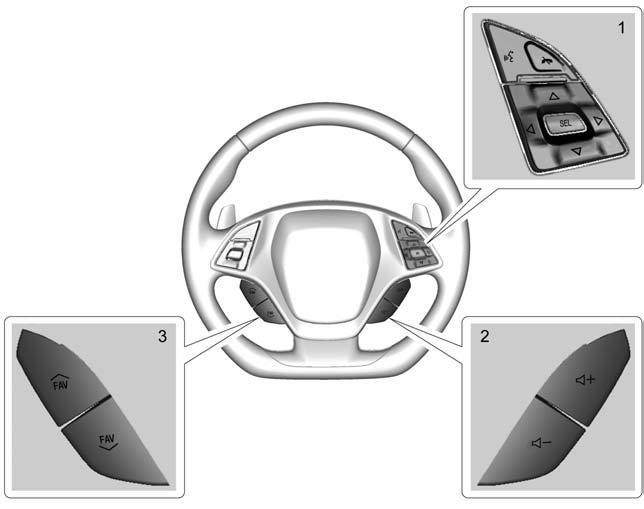6 Introduction Steering Wheel Controls If equipped, some audio controls can be adjusted at the steering wheel. g (1) : Press to answer an incoming call or start voice recognition.