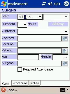 From here you will specify the Start time, Duration, Customer, Contact, Location, Patient, Age, Gender, Surgeon, and whether Attendance is Required or not.
