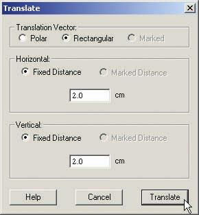8. From the Transform menu, choose Translate. Under Translation Vector:,choose Rectangular. Under Horizontal:,choose Fixed istance. Enter 2.0 cm for the Horizontal distance.