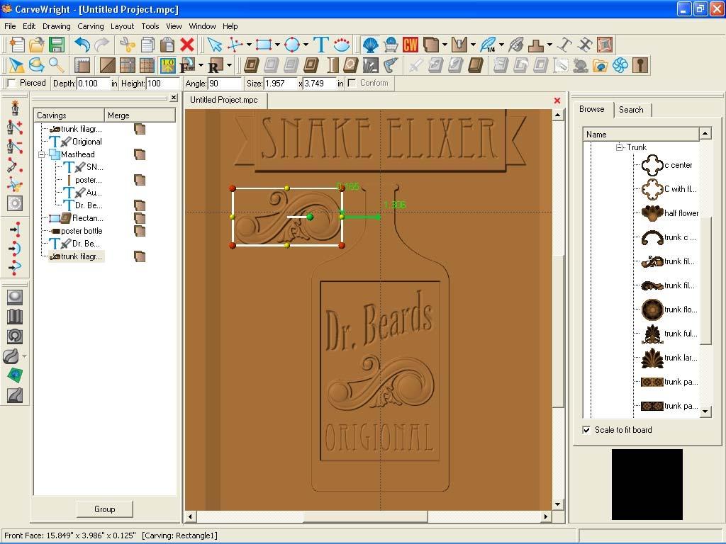 Open the pattern library and select the Trunk Filigree 1. Place it on the workpiece with a click. Rotate the filigree, scale it to fit the label, reduce its depth to.