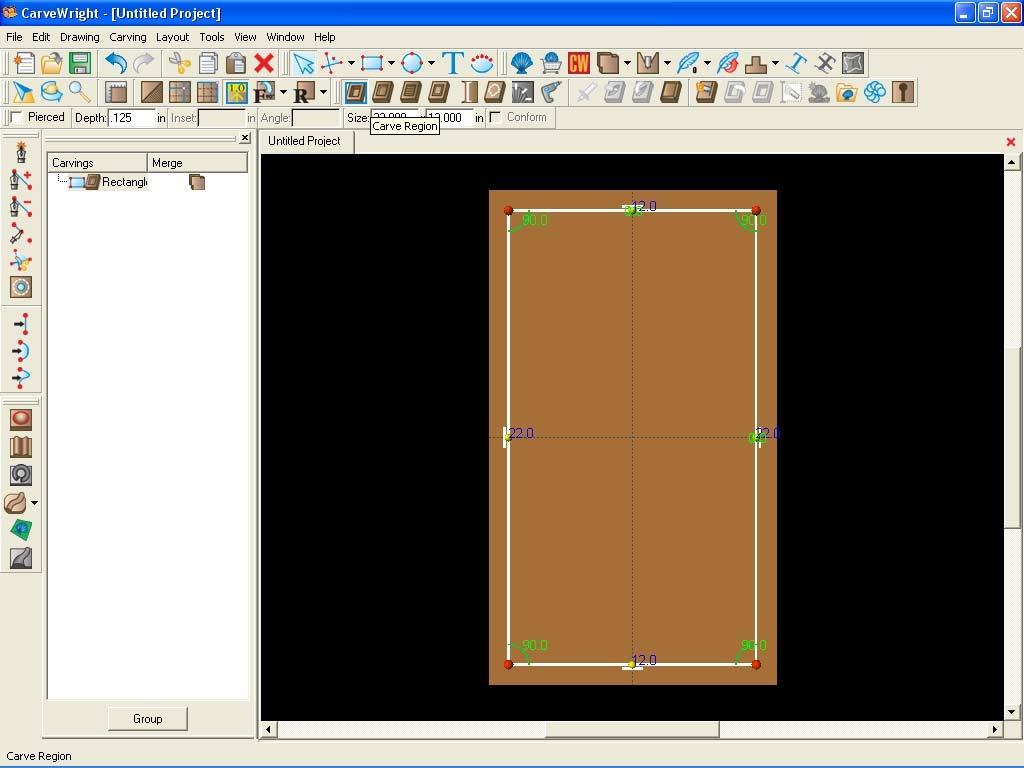 Using the Rectangle Tool, place a 22 by 12 rectangle on the workpiece and