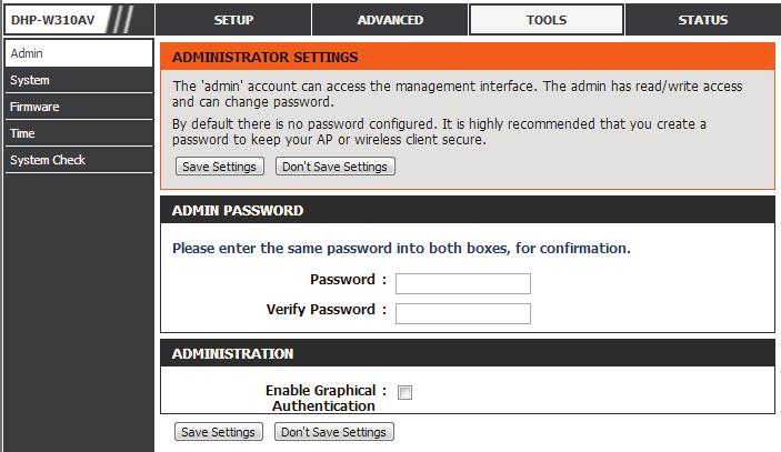 Tools Admin This page will allow you to change the administrator password, which is used to access the configuration interface and change settings.