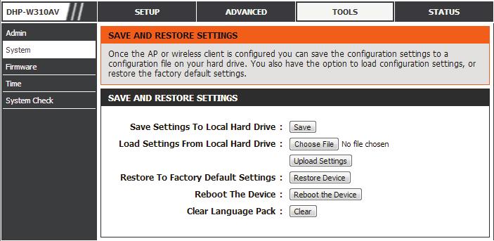 This page lets you both save and delete settings on your DHP-W310AV.