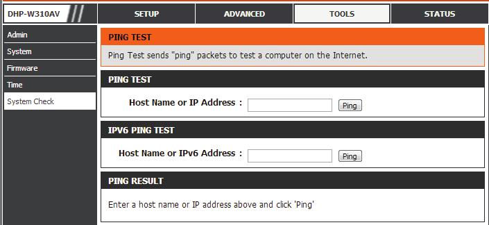 System Check This page helps you to diagnose connection problems. Ping Test: IPv6 Ping Test: Ping Result: A ping test sends a tiny bit of information to a website and anticipates a response.