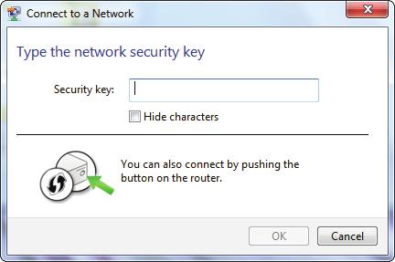 5. Enter the same security key or passphrase (Wi-Fi password) that is on your router and click OK. You can also connect by pushing the WPS button on the router.