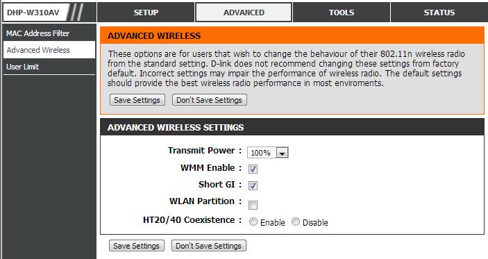 Section 3 - Configuration Advanced Wireless The Advanced Wireless section allows you to change several advanced settings on your DHP-W310AV. Most users will not need to modify this section.