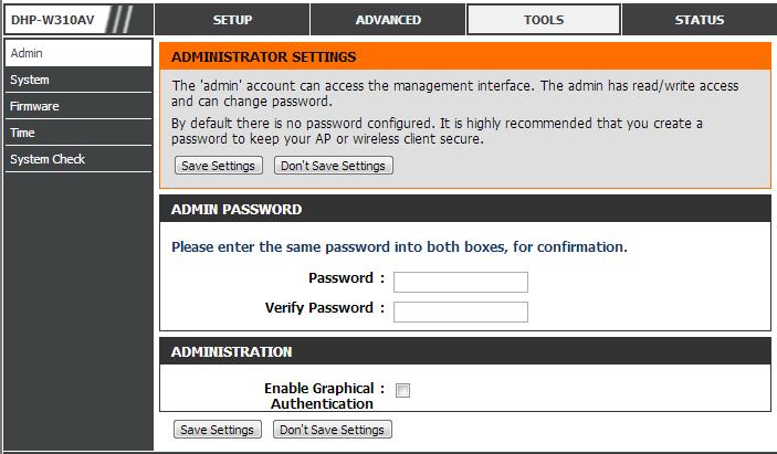 Section 3 - Configuration Tools Admin The Admin section will allow you to change the administrator password, which is used to access the configuration interface and change the settings.