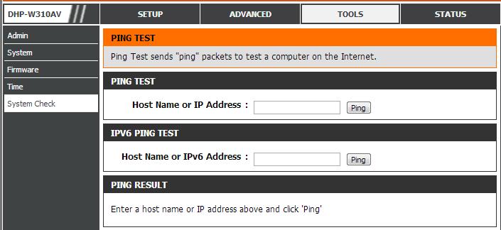 Section 3 - Configuration System Check The System Check page helps you to diagnose connection problems using a Ping Test.